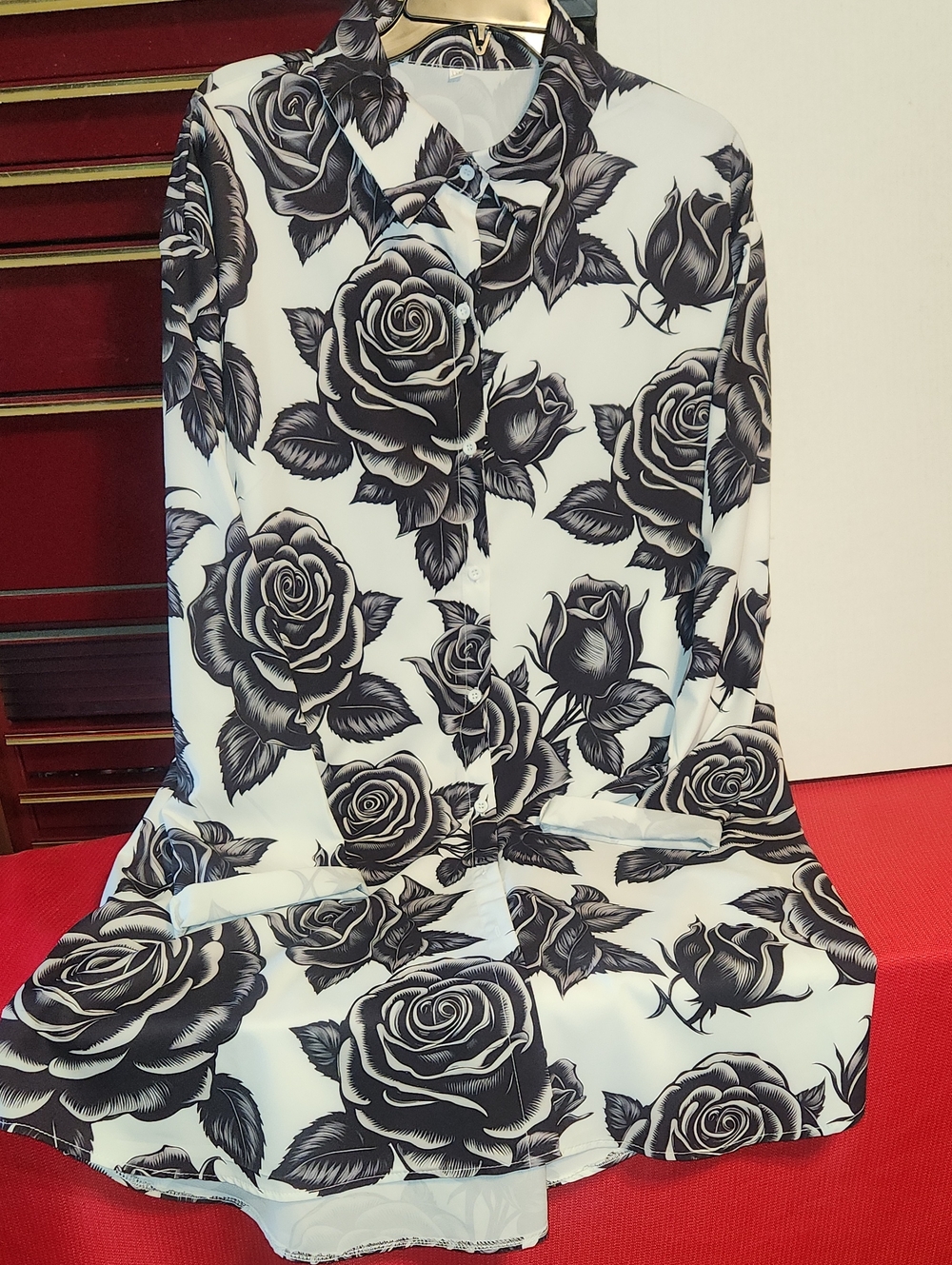 Black & White Rose Print Button-Up T Shirt Style Dress